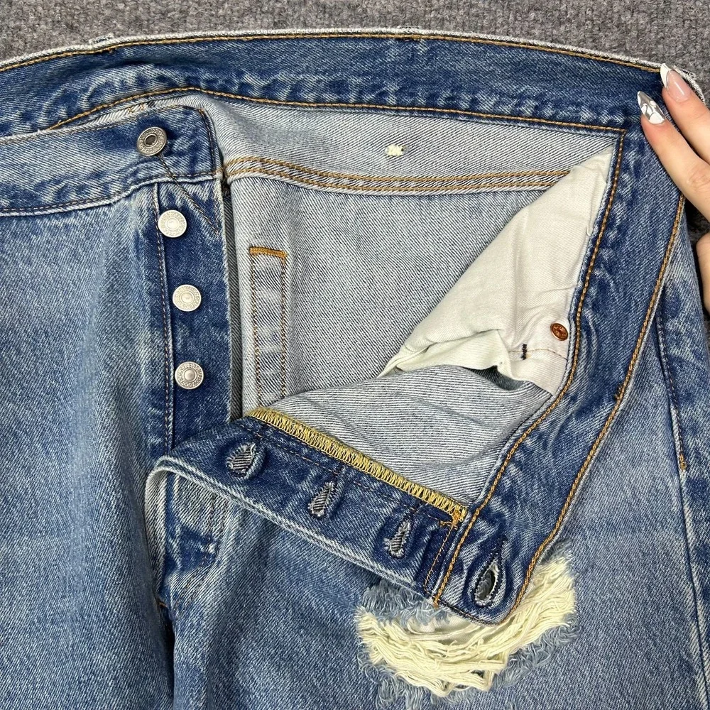Levi's 501 Jeans Men's Blue Denim Distressed Pockets Classic Button Fly - 44X32